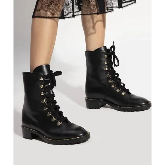 Stuart Weitzman Kolbie Black Leather Chain Combat Boot 39 Black